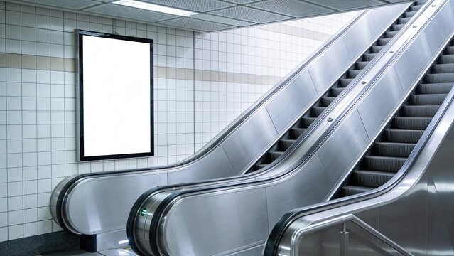 A modern escalator in a subway station with a blank advertising space on the wall. The environment is clean and minimalistic, featuring white tiles and stainless steel.