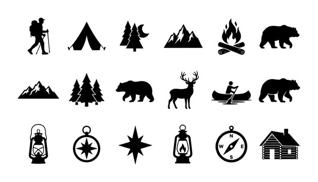 Outdoor camping silhouette icons set, 18 black mountain adventure vector elements, wilderness hiking and forest wildlife symbols for travel branding
