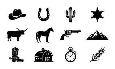 Wild West cowboy icons set, black western silhouette vector elements, rustic ranch and frontier symbols for logo design, 12 isolated farm and desert graphics © Taslima