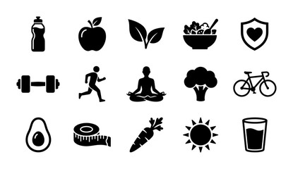 Healthy lifestyle icons set, 15 black fitness and nutrition vector symbols, wellness and workout flat graphics for gym and diet apps © Taslima