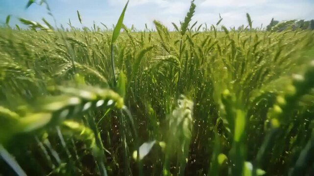 Gliding low camera rig carried by tractor moving through green cereal field, catching dew droplets
