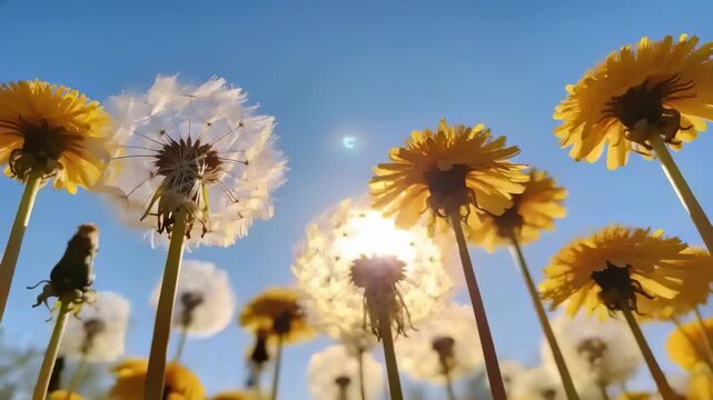 Breeze lifting white seeds from dandelion cluster in field, sun shifting behind backlighting stems