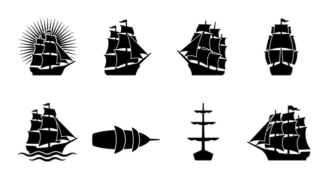 Vintage sailing ship silhouettes, nautical tall ship vector icons, collection of 8 black maritime vessel graphics, antique wooden boat emblems