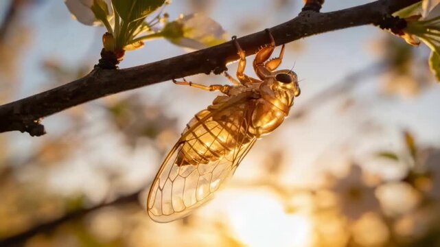 Clinging cicada rotating and adjusting grip on flowering twig in garden, responding to low sun
