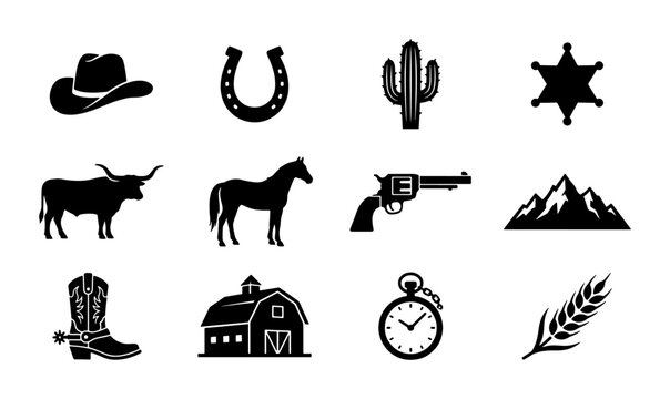 Wild West cowboy icons set, black western silhouette vector elements, rustic ranch and frontier symbols for logo design, 12 isolated farm and desert graphics
