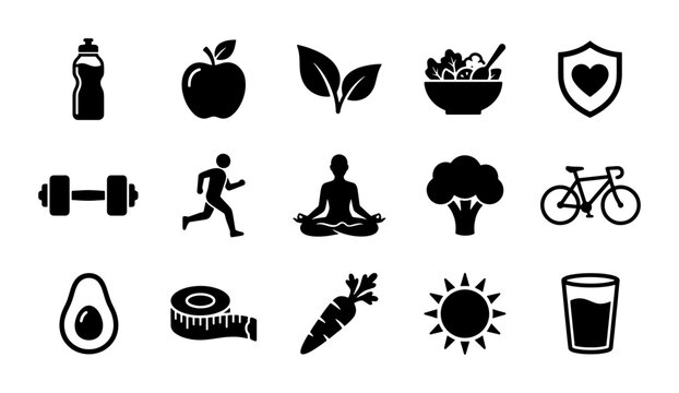 Healthy lifestyle icons set, 15 black fitness and nutrition vector symbols, wellness and workout flat graphics for gym and diet apps
