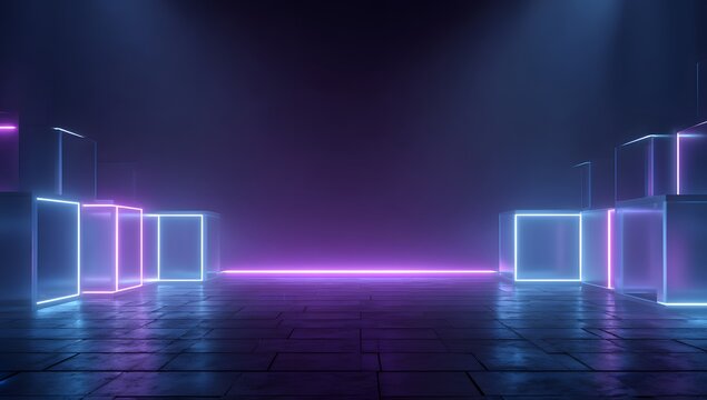 Neon glow in dark empty room, abstract futuristic background with glowing lines, geometric shapes, and vibrant light, digital cyber space concept for modern design or product display