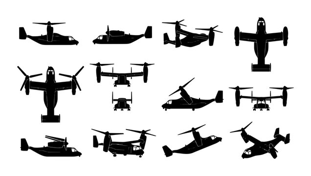 Military tiltrotor aircraft silhouettes set, 12 black vector icons of v-22 osprey style planes, transport helicopter and airplane hybrid graphics