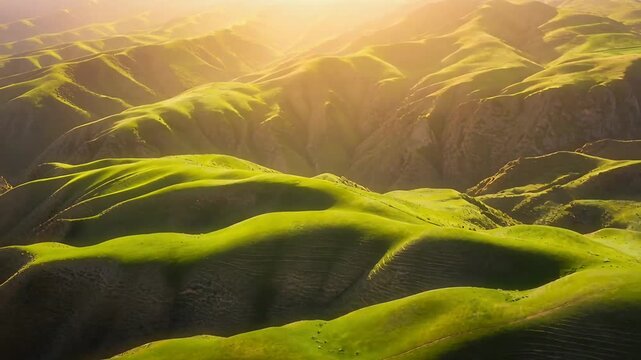 Gliding drone revealing center grassy ridges over remote valley showing sunlit crests and gullies