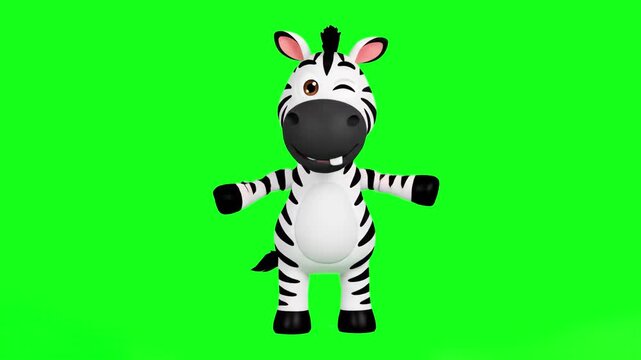 A friendly 2D zebra character winking at the camera while performing a cheerful dance. Isolated on a green screen for professional chroma key use and video editing.