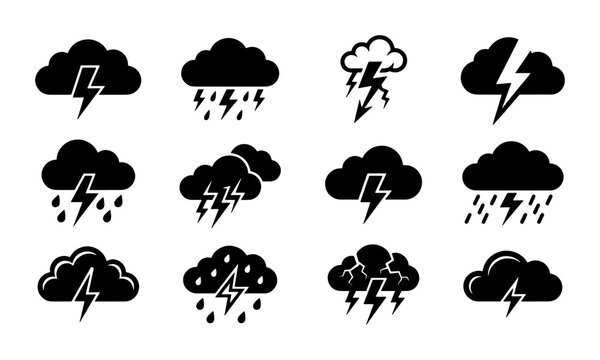 Stormy weather icon set with lightning and rain clouds, 12 black vector thundercloud symbols, meteorology forecast graphic elements for web design