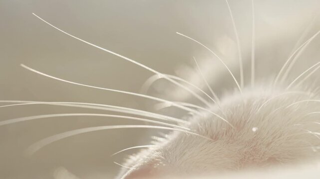 Extreme Macro Close Up View of White Cat Whiskers and Soft Fur Texture with Bright Backlight for Pet Health and Grooming Concept