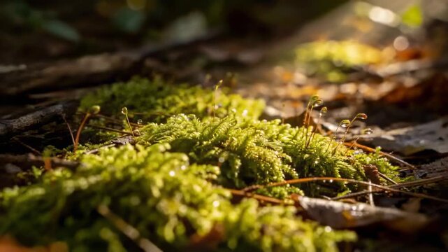 Light shifting causing green moss tuft shimmering on forest floor, dew stalks, needles, bokeh
