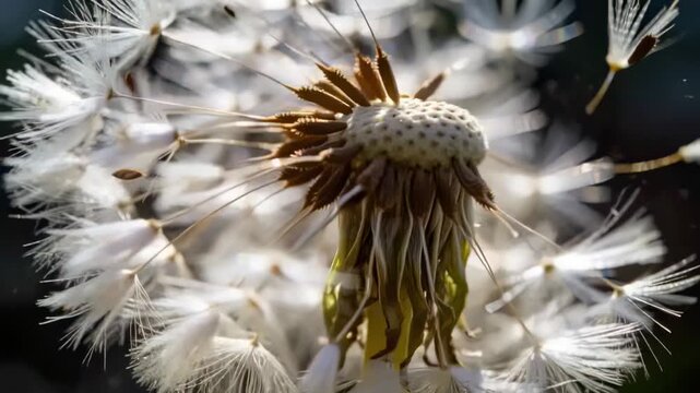 Releasing dandelion seed head shedding pappus seeds and revealing center in garden macro by breeze