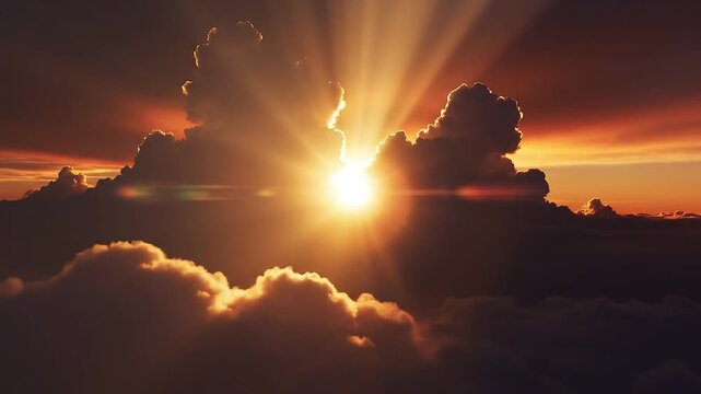 Captivating sunrise with dramatic sunbeams breaking through clouds over the horizon