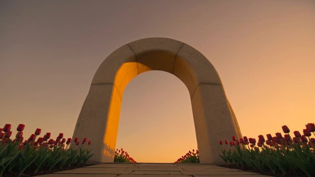 Stone archway entrance over a brick path with rows of red tulips in a spring garden during golden hour sunset