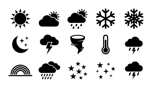 Weather icon set with 15 black vector symbols, meteorology forecast glyphs for sun and rain, minimalist climate interface elements for mobile apps