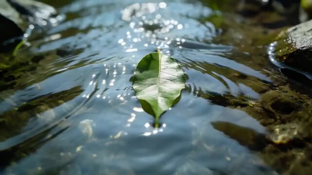 Floating single green leaf drifting in shallow stream as current nudging it, creating ripples