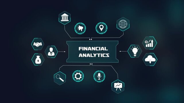 Financial analytics data hud, futuristic technology interface, digital infographic with hexagon nodes, investment strategy concept.