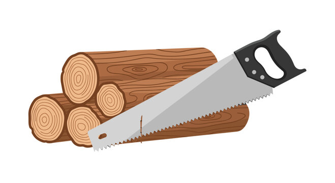 A heavy metal hand saw with a black ergonomic handle rests diagonally across a stack of cylindrical wooden logs featuring visible natural circular ring patterns.