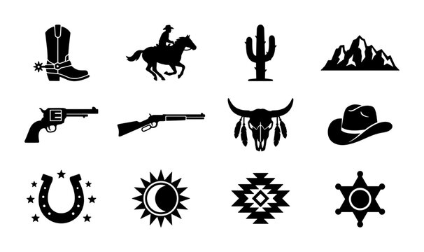 Wild West vector icons set, black cowboy silhouette elements, western desert and ranch symbols, 12 minimalist flat graphic illustrations for branding