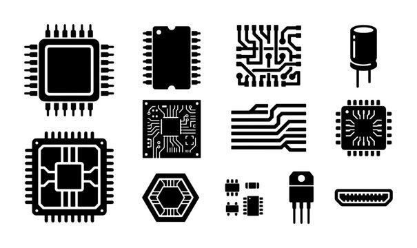 Electronic circuit components and microchip icons, black silhouette semiconductor hardware set, computer processor and motherboard parts vector