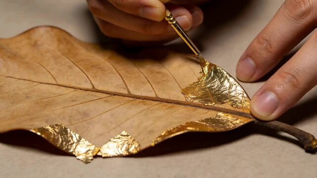 Picking up gold foil artist pressing with gilding brush onto dried leaf on beige tabletop, gilding