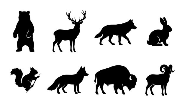 Wild animal silhouettes set of 8 vector icons, forest wildlife collection with bear deer wolf and rabbit, black nature fauna shapes for outdoors branding