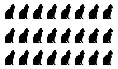 Black cat silhouette pattern, set of 24 feline icons in rows, minimalist animal vector graphics, dark kitten shapes on white background © Nodi