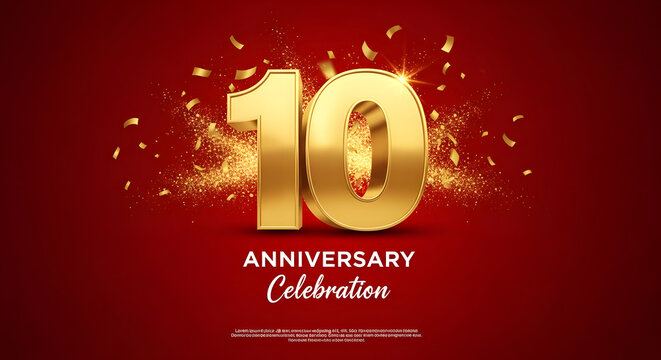 Elegant golden '10' with sparkling confetti on a vibrant red background, symbolizing a decade of achievement and joyful celebration