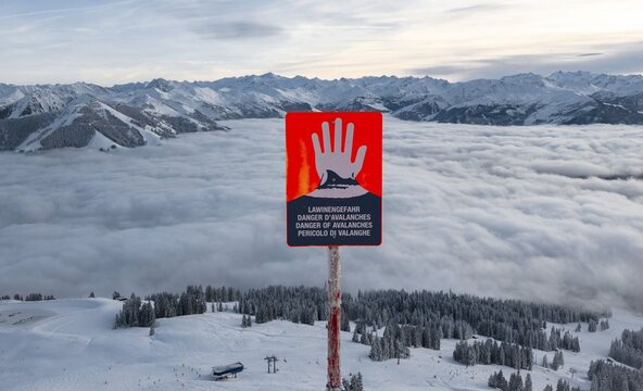 Avalanche danger sign in a skiing area, Brixen im Thale, Tyrol, Austria