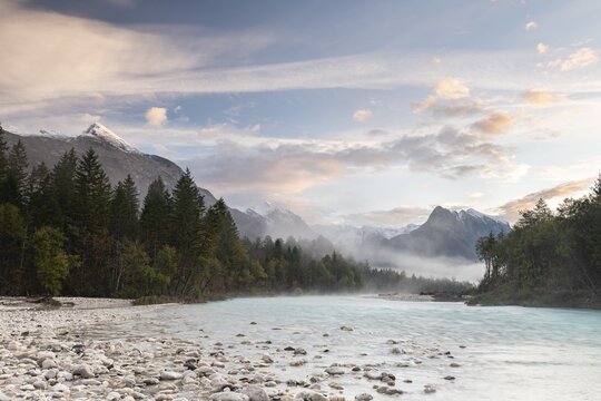 River Soca with Svinjak Mountain in the morning, Soca Valley, Kanin Mountains, Julian Alps, Bovec, Triglav National Park, Slovenia