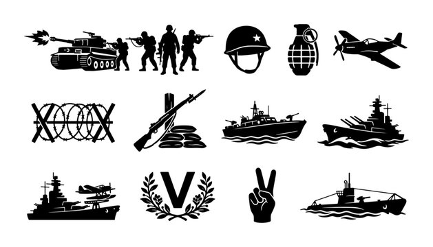 Military war icons set with 12 black silhouettes, army combat equipment and vehicles, world war two style battle graphics for history projects