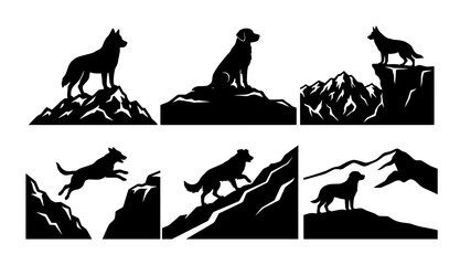 Mountain dog silhouette collection, 6 vector icons of dogs hiking in wilderness, black and white canine adventure illustrations for outdoor branding © Mahinul