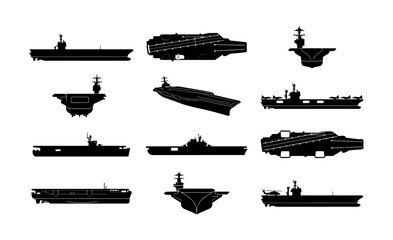 Military aircraft carrier silhouettes, set of 12 naval warship icons. Black maritime vessel vector collection, navy fleet boat symbols for infographics © Nodi