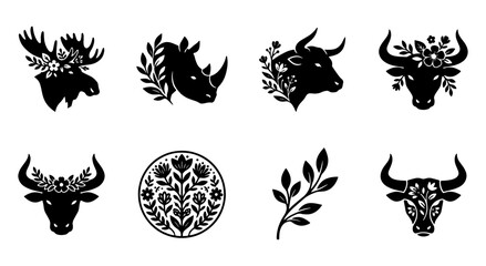 Minimalist animal head silhouettes with floral elements, set of 8 black vector icons, rustic wildlife logo designs with botanical details © Nodi