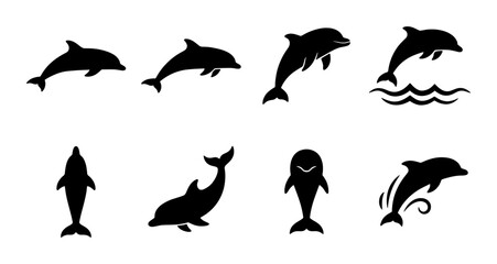 Dolphin silhouette collection with 8 black vector icons, jumping sea mammal silhouettes, aquatic animal shapes for marine life design and ocean branding © Mahinul