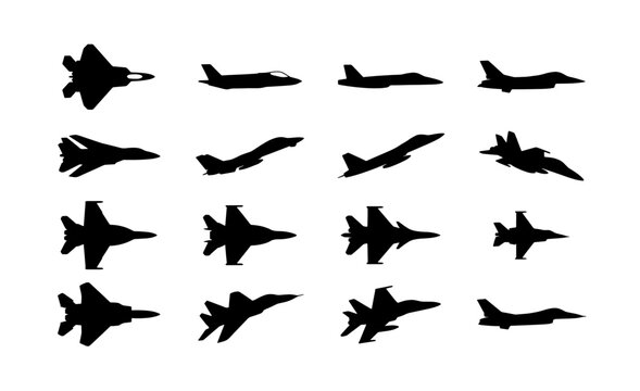 Military fighter jet silhouettes set, 16 black aircraft icons in vector format, modern air force warplane collection for aviation design