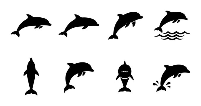 Dolphin silhouette collection, set of 8 black aquatic animal icons, jumping sea mammal vector graphics for marine conservation and ocean branding