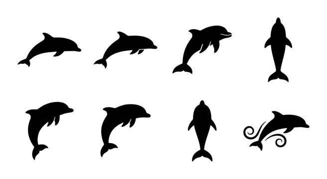 Dolphin silhouette vector set, black aquatic animal icons in various swimming poses, 8 marine mammal illustrations for ocean conservation logos
