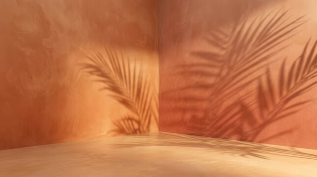 Terracotta plaster wall with palm leaf shadows, warm clay interior background for product display. Minimalist aesthetic room with tropical leaf shadow, earthy orange textured wall backdrop.