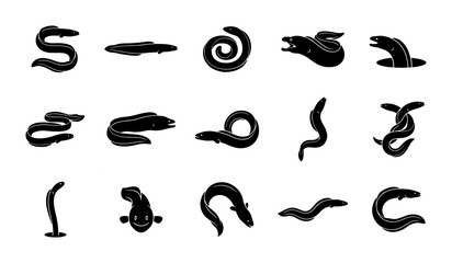 Obraz premium Black eel silhouette icons set, 15 vector sea creature illustrations, minimalist moray and electric eel shapes for marine biology and fishing logos