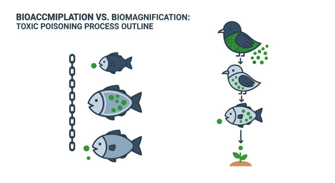 Bioaccumulation vs Biomagnification Diagram with Fish and Birds