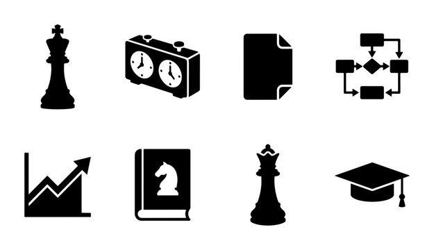 Strategic chess and business icons set, black solid vector symbols of king queen and knight book, professional planning and logic elements