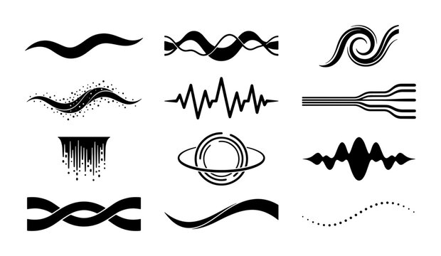 Minimalist black wave icons and abstract line elements, set of 12 vector graphic symbols, modern geometric soundwave and fluid motion shapes