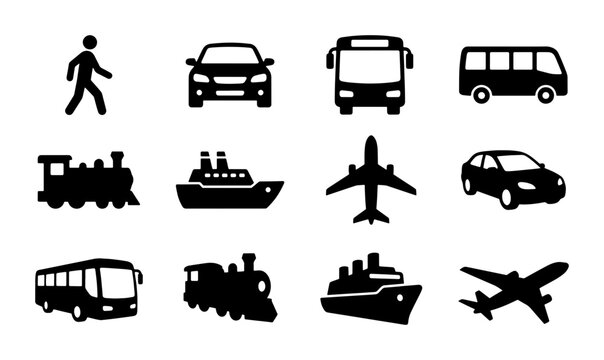 Transportation icon set with 12 black vector silhouettes, travel and logistics symbols, vehicle icons for car, bus, train, ship, airplane and pedestrian