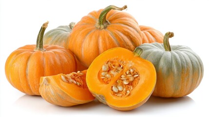 Obraz premium Bright Mini Pumpkins Group with Slice Exposing Seeds