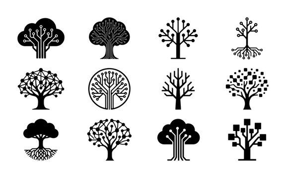 Digital technology tree icons set, 12 circuit board nature symbols, black vector tech forest logos for data science and eco innovation branding