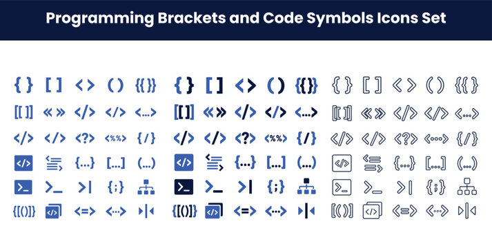 Programming brackets and code symbols icons set
