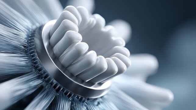 Close-up view of a modern electric toothbrush head showing bristles.